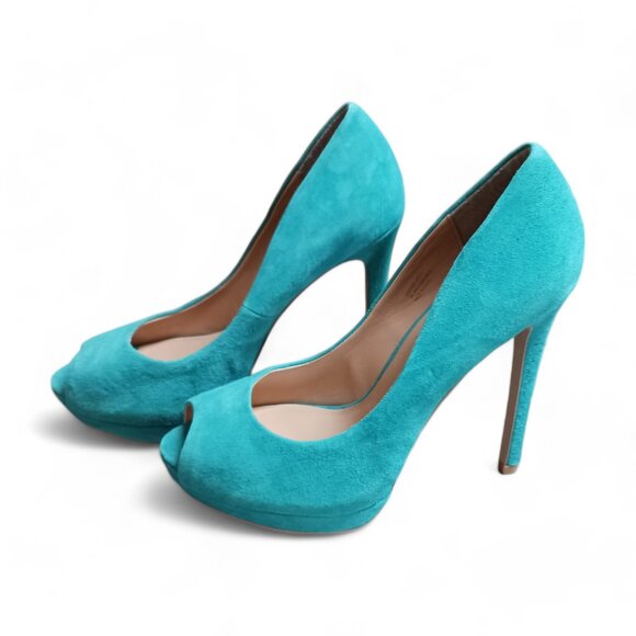 Le Chateau  Teal Suede Platform Peep Toe Stiletto Heels  Size  8 - Picture 5 of 13